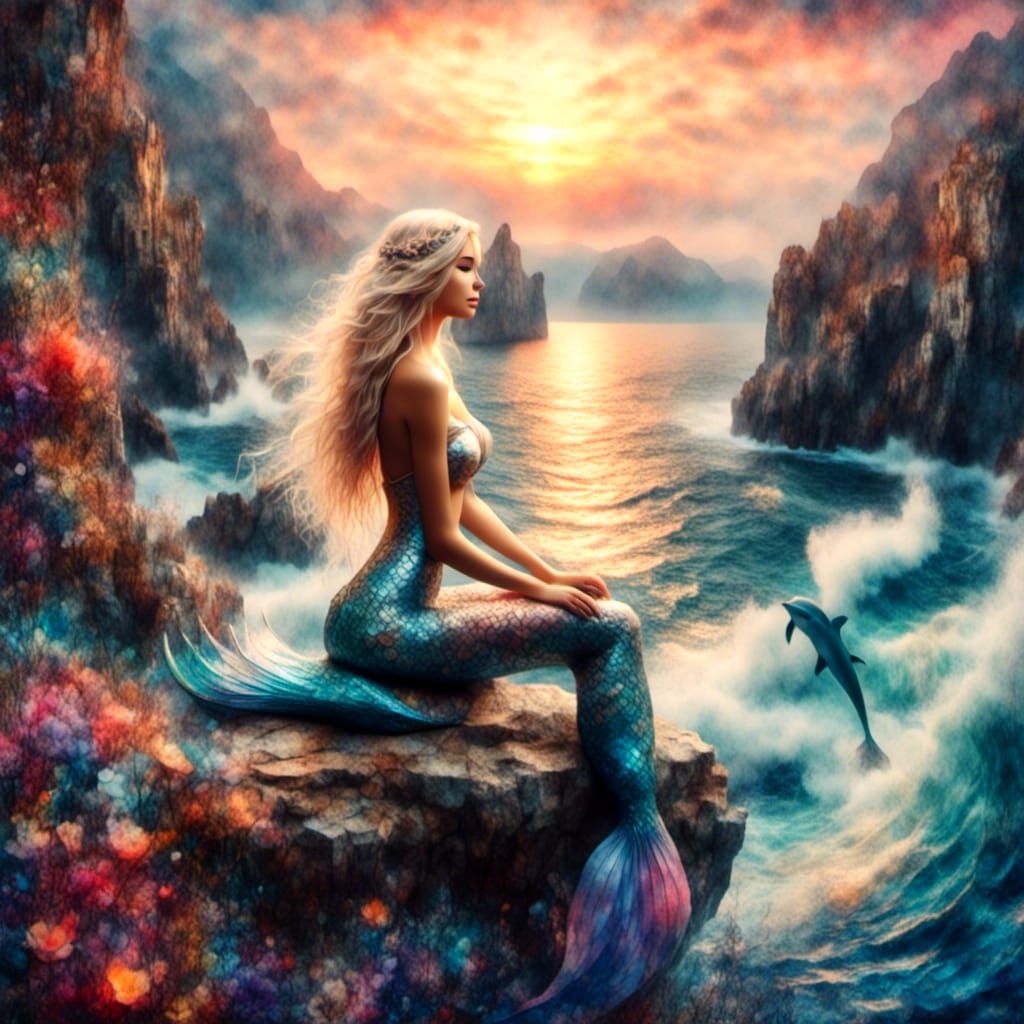 Stunning Mermaid on Rock at Sunset in Oil Painting Style