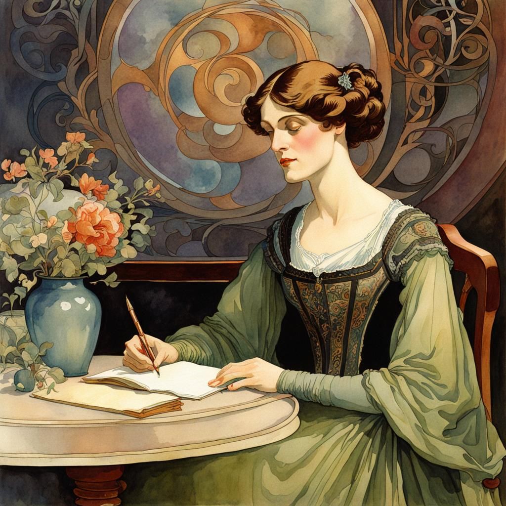 Mary Shelley Writing Frankenstein in Art Nouveau Style