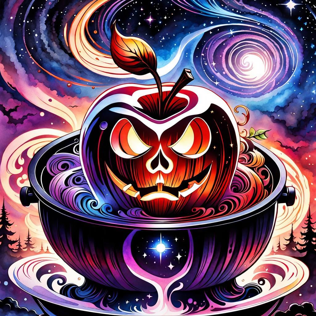 Poisoned Apple over Cauldron in Watercolor Style