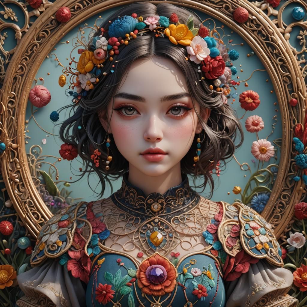 Surreal Embroidered Girl in a 3D Liquid Dreamscape