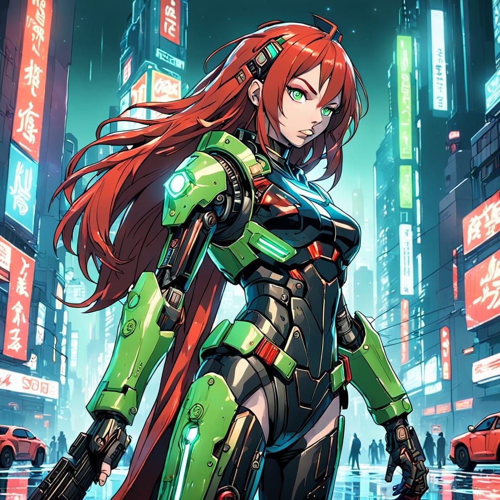 Cyberpunk Warrior Gynoid in Neon-Lit Cityscape