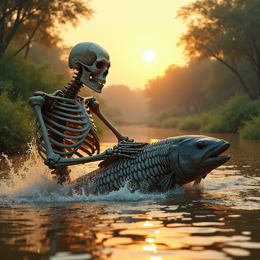 Skeleton Catches Giant Catfish in Savanna River