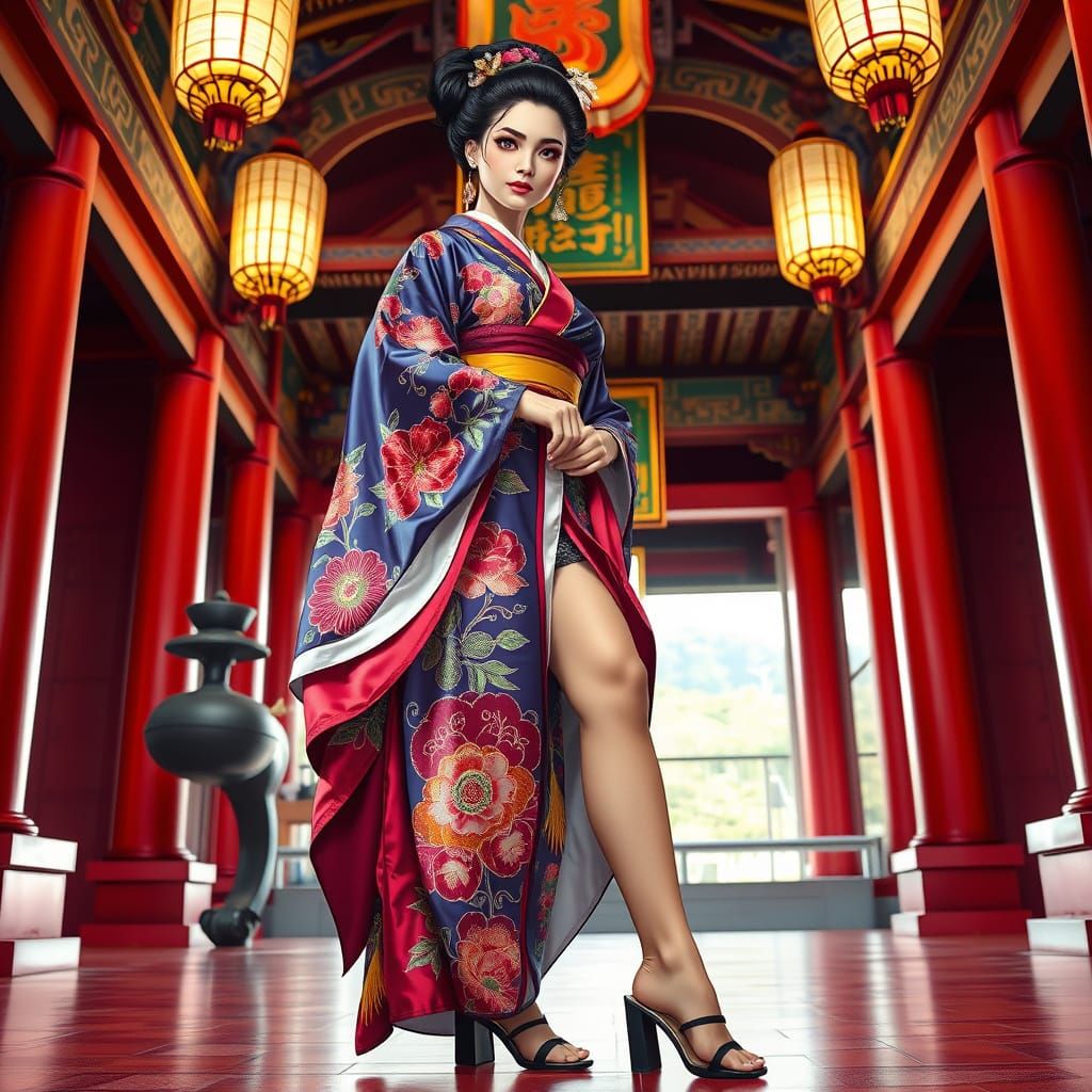 Japanese High Priestess in Opulent Shrine, Anime Pin-Up Styl...