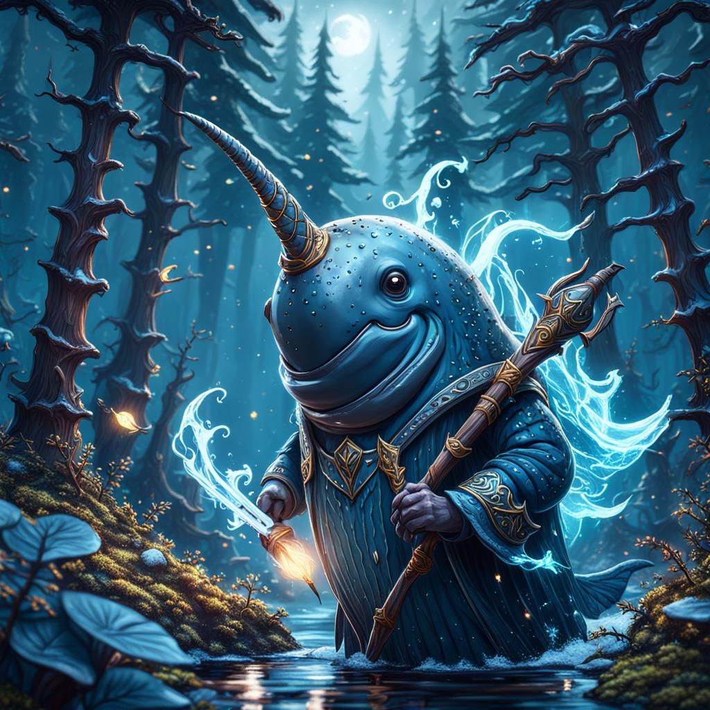 Narwhal Wizard in Dark Forest, Fantasy Concept Art
