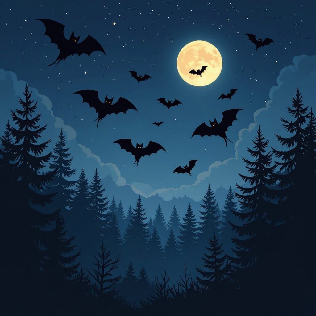 Bats Dance in the Night Sky: Mystical Forest Scene