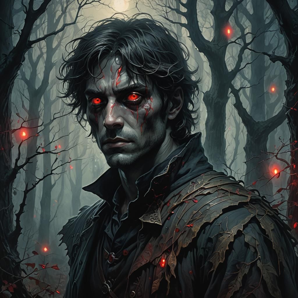 Red Eyed Figure in Dark Fantasy Forest