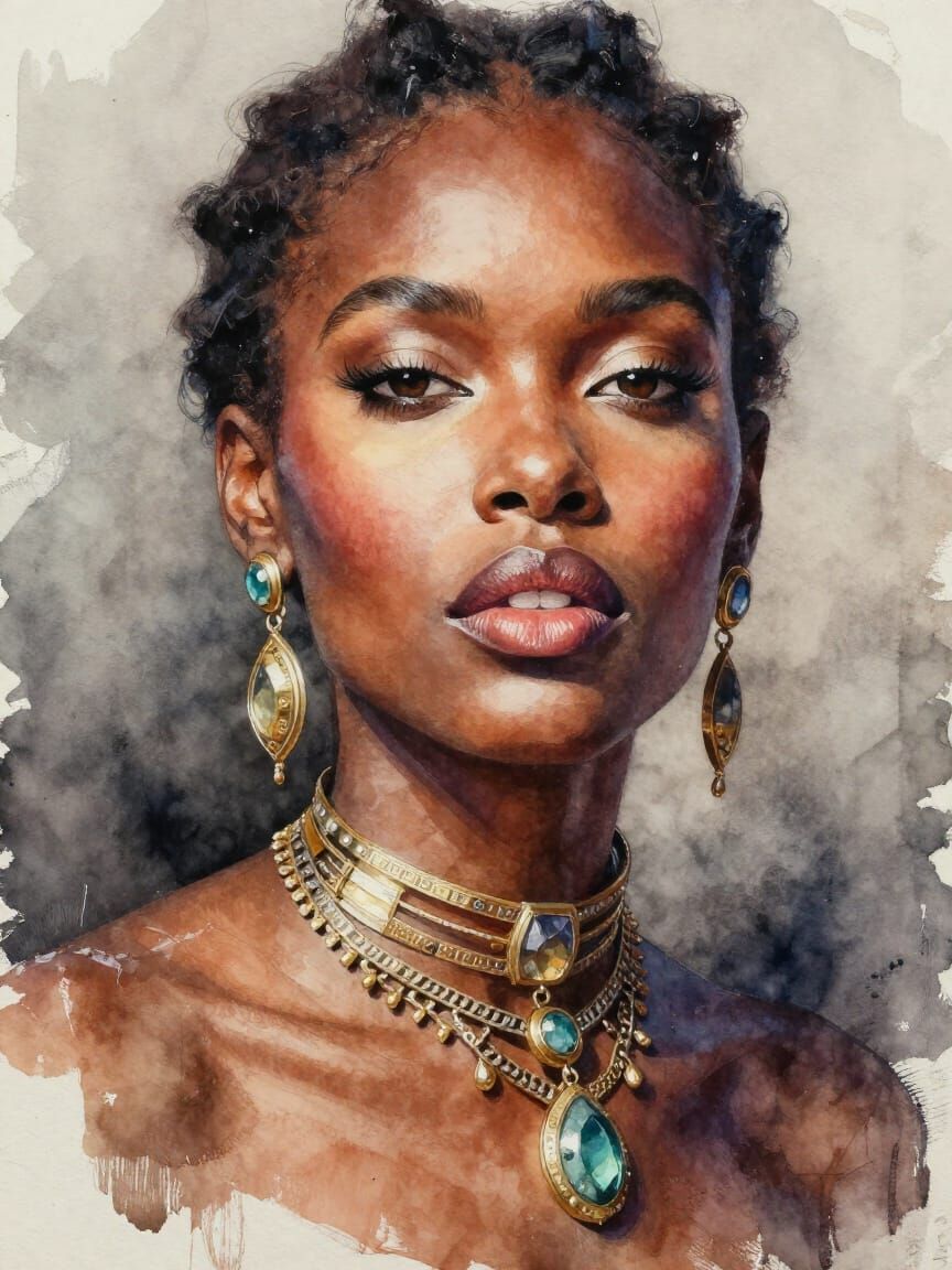 Stunning Black Woman Portrait in Watercolor Style