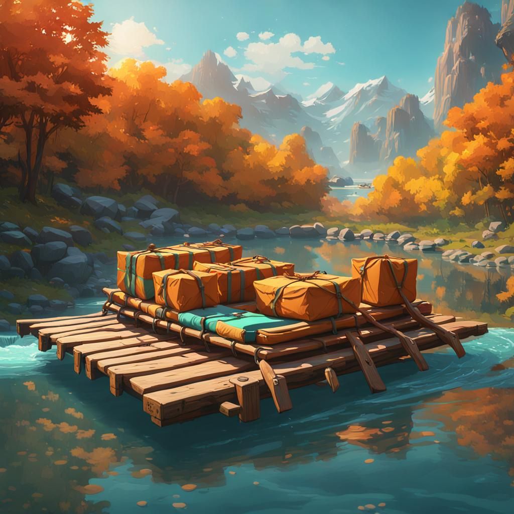 River Raft with Canvas Packages: Digital Art