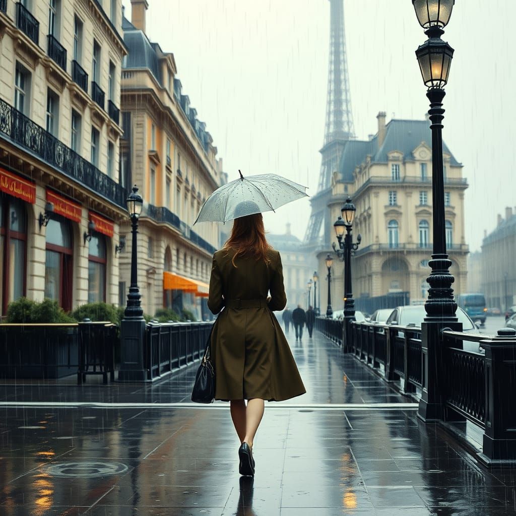 Elegant Parisian Woman Walks Alone in Rainy City