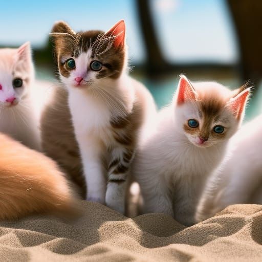Kittens Party on the Beach in Photo Realistic Style