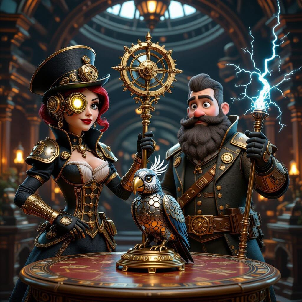 Steampunk Captain and Companion in Clockwork Chamber
