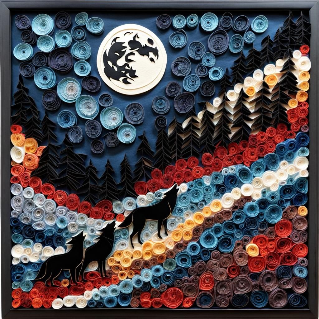 Quilled Wolf Pack Howling at the Moon