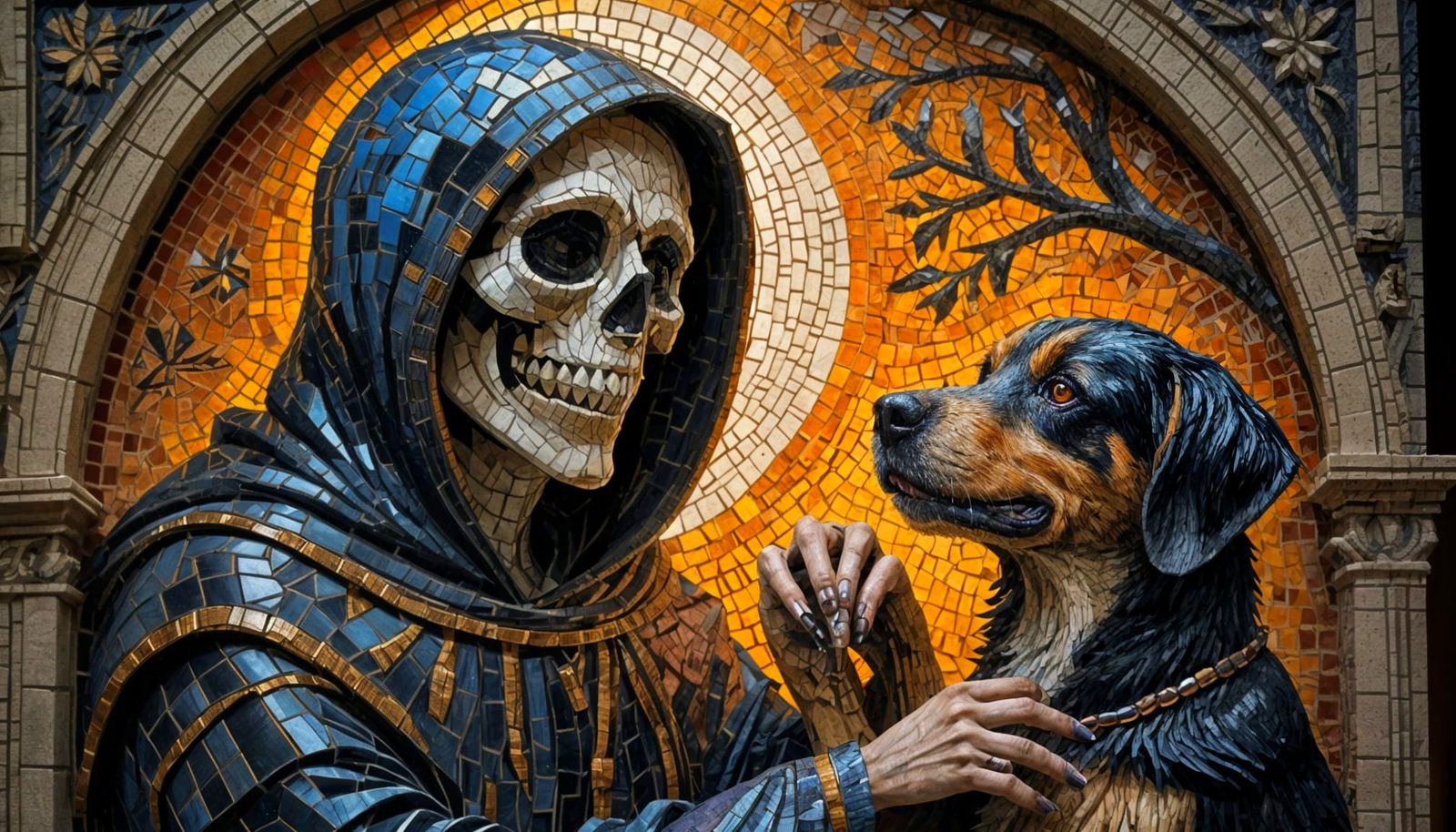 Cinematic Mosaic of the Grin Reaper Petting a Dog in Oil