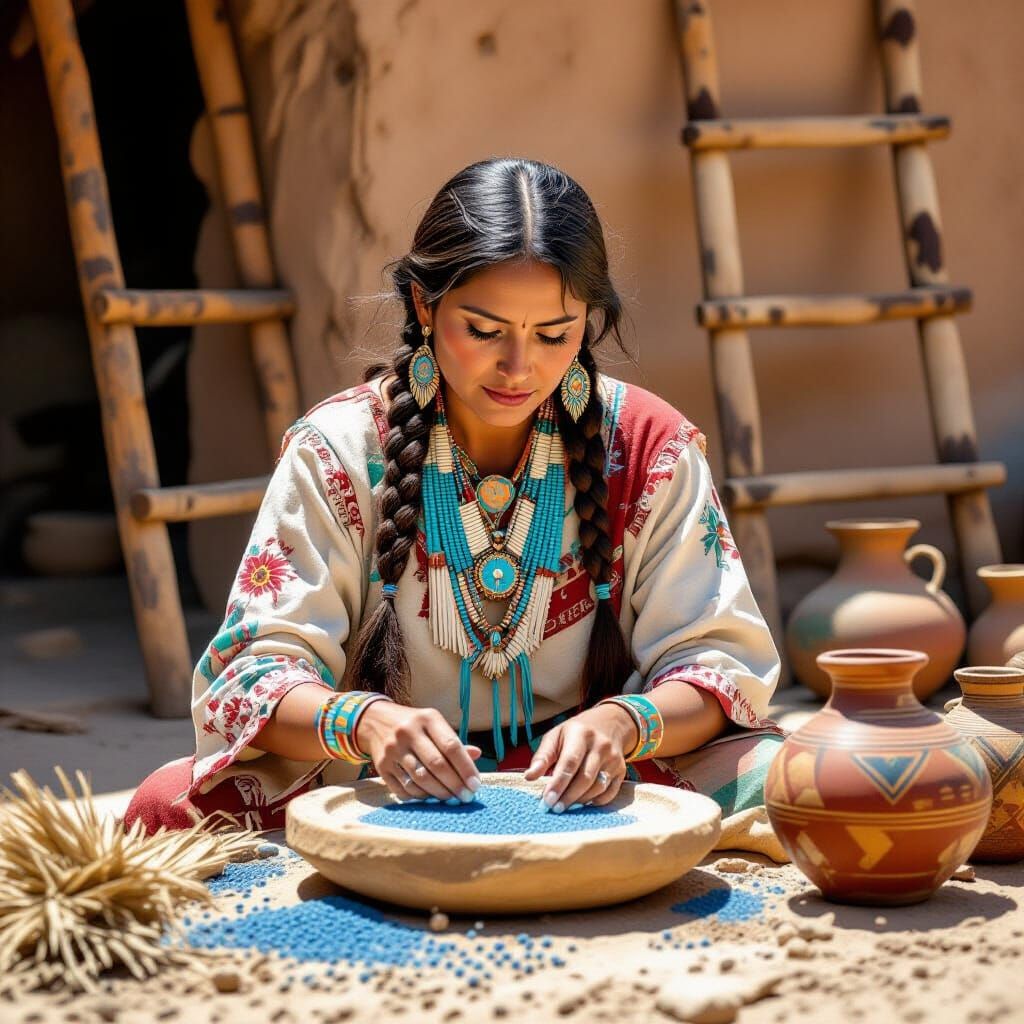 Native American Woman Grinding Corn with Traditional Style