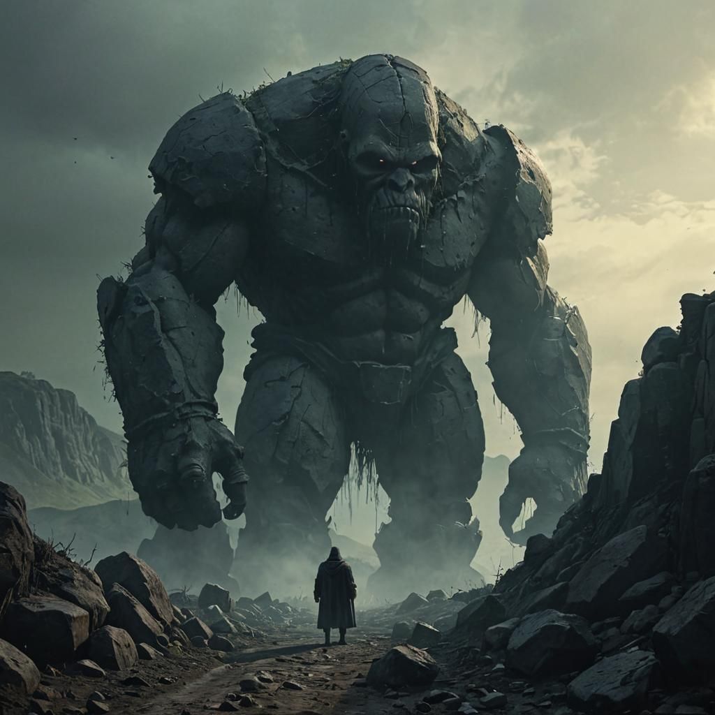 Golem Guardian in Dark Fantasy Landscape