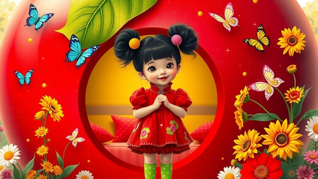 Delighted Asian Girl Plays in Whimsical Apple House Garden
