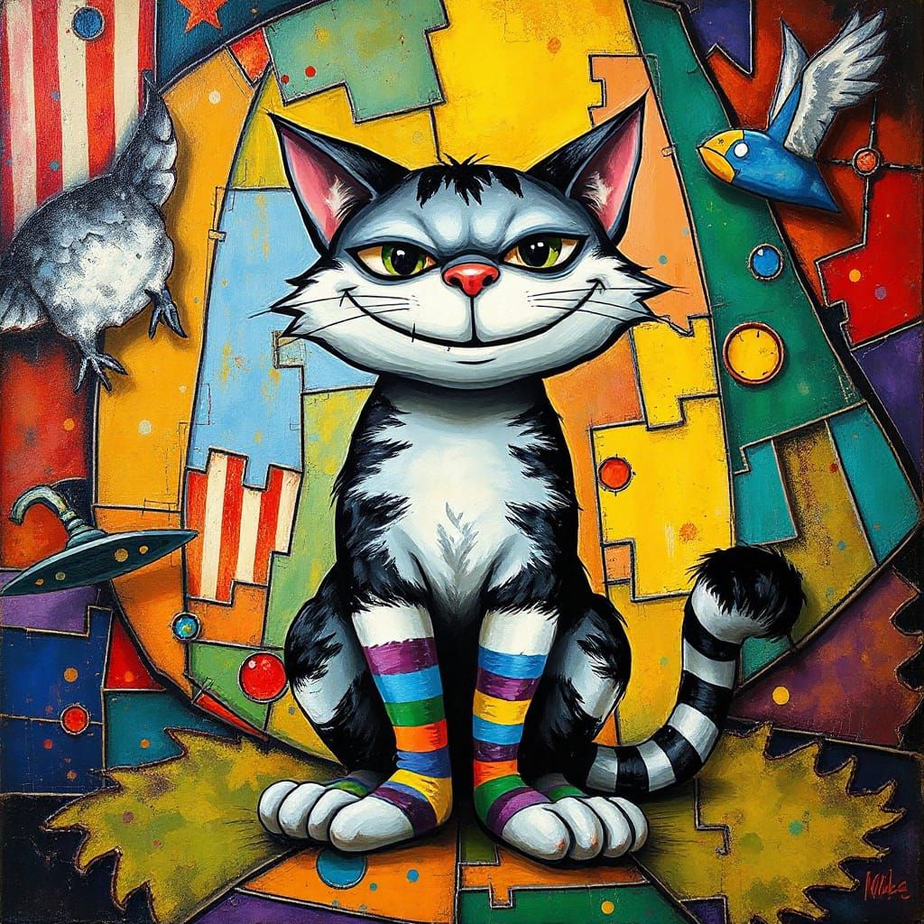 Whimsical Cheshire Cat with Striped Socks as Abstract Art