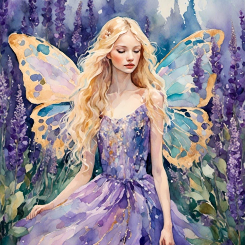 Butterfly Fairy in Lavender Garden: Watercolor Art