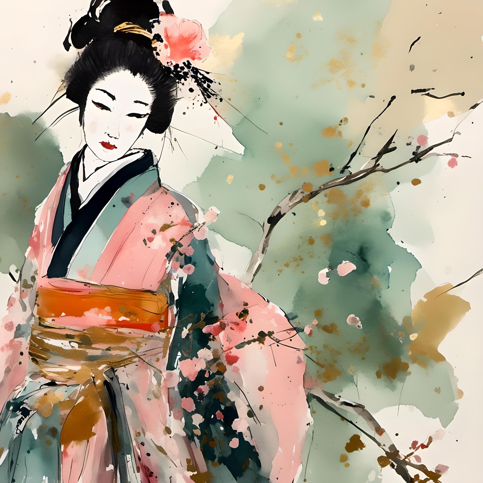 Geisha in Flamingo Kimono: Ukiyo-e Garden Scene