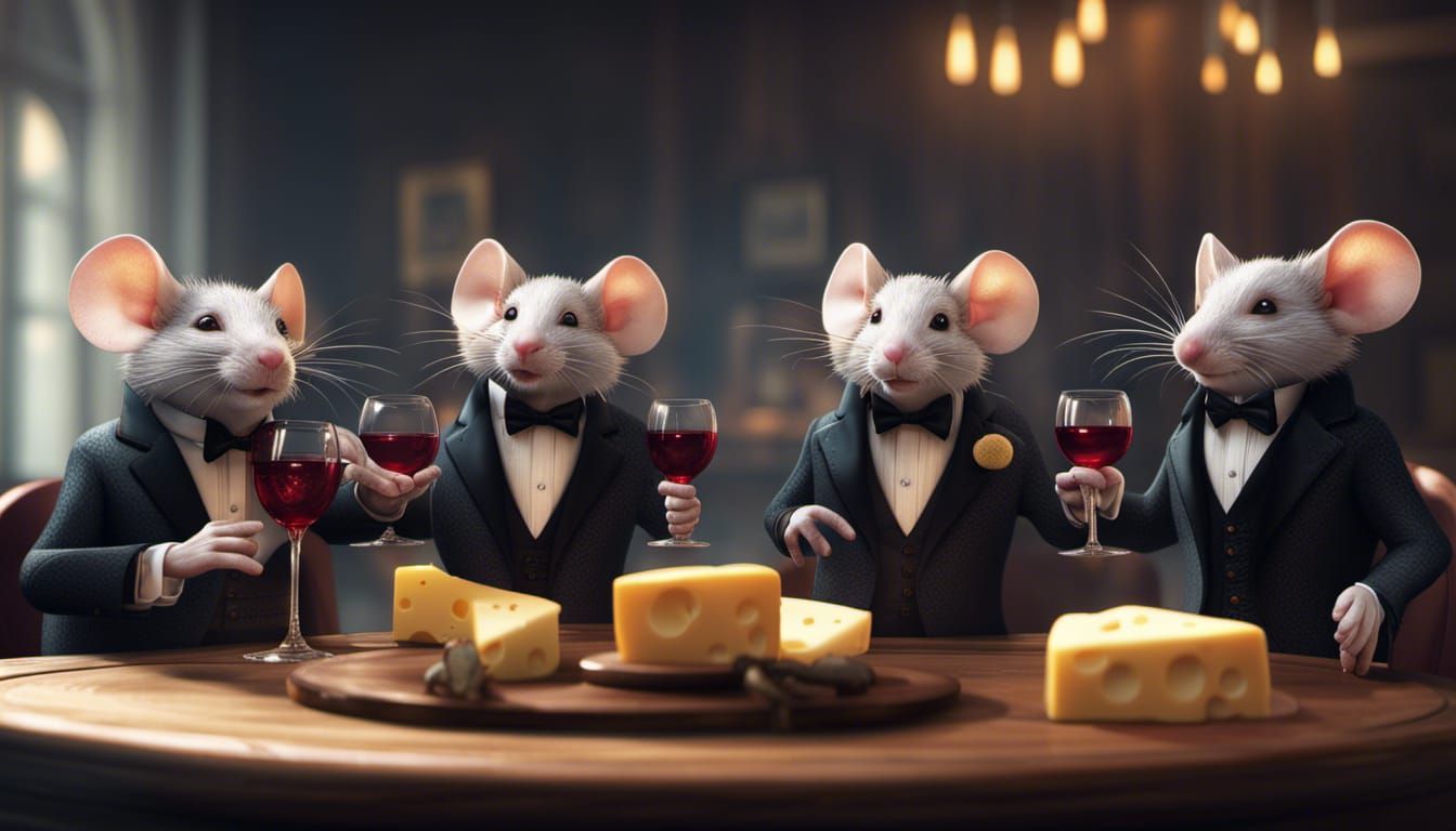 Mice in Tuxedos Enjoying Wine and Cheese