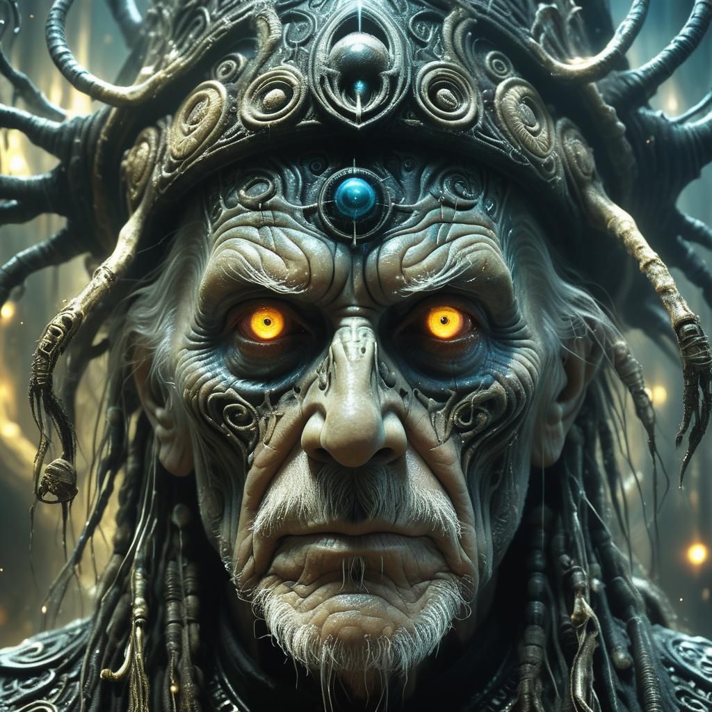 Menacing Wizard with Glowing Eyes in Surreal Horror Style