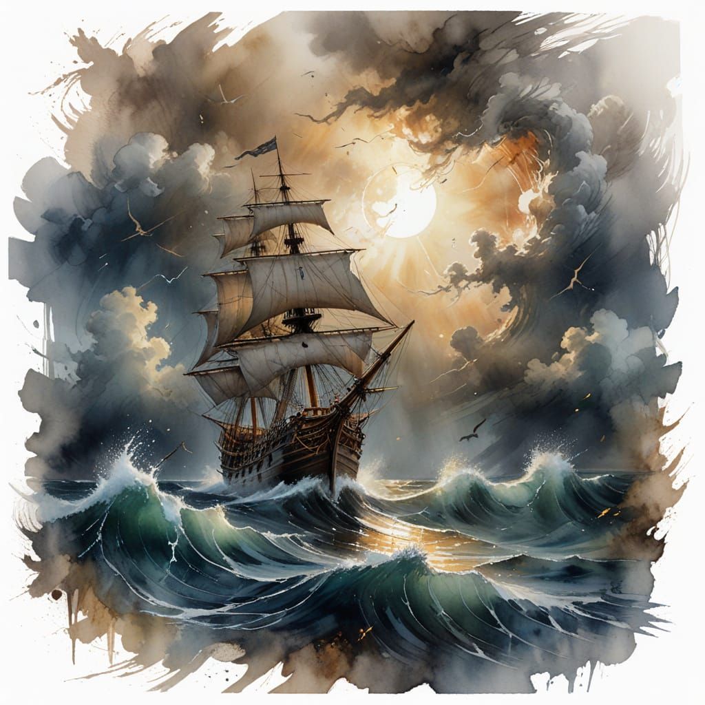 Pirate Galleon Amidst Stormy Seas as Watercolor