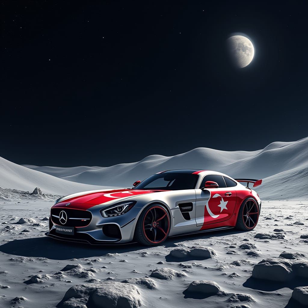 Sleek Silver Mercedes-Benz on the Moon, Wrapped in Vibrant T...