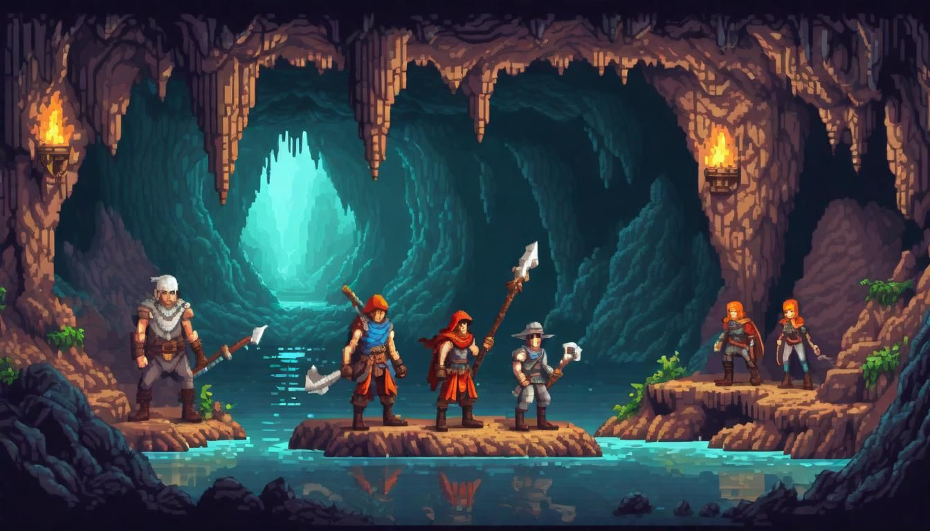 Epic Fantasy Adventurers in Pixel Art Cave