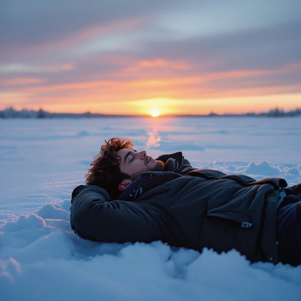 Man Contemplates Sunrise on Snowy Horizon