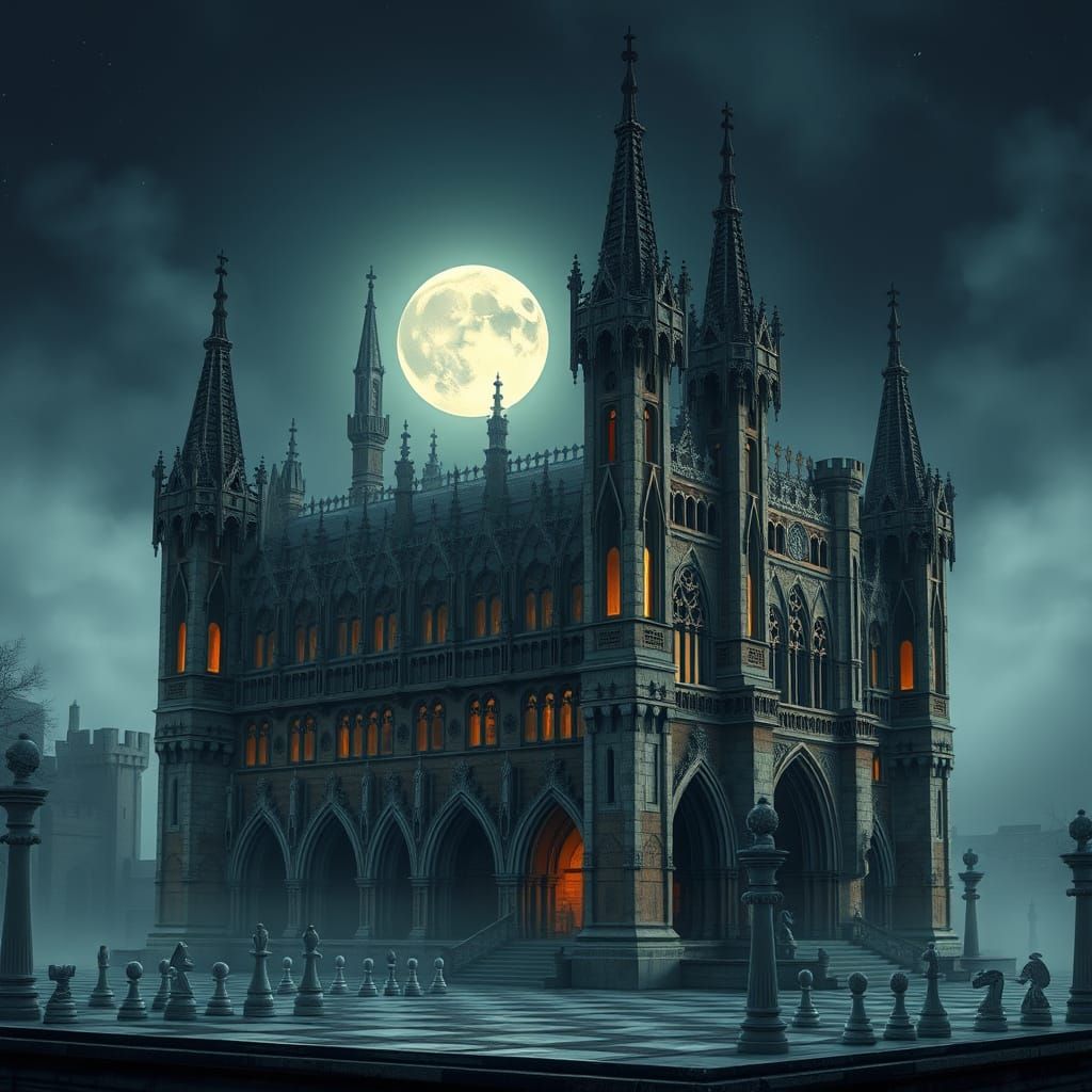 Gothic Chess Castle under a Moonlit Sky