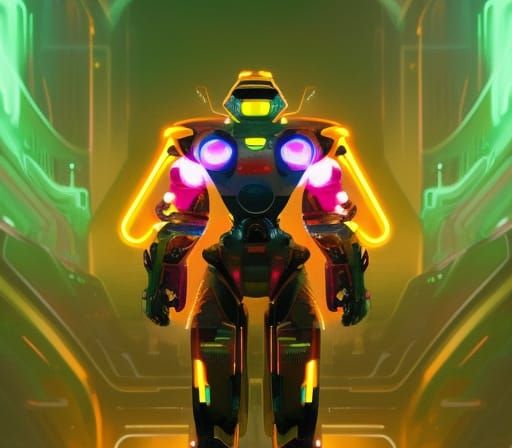 Opalescent Robot Lion Portrait in Neon Art Style