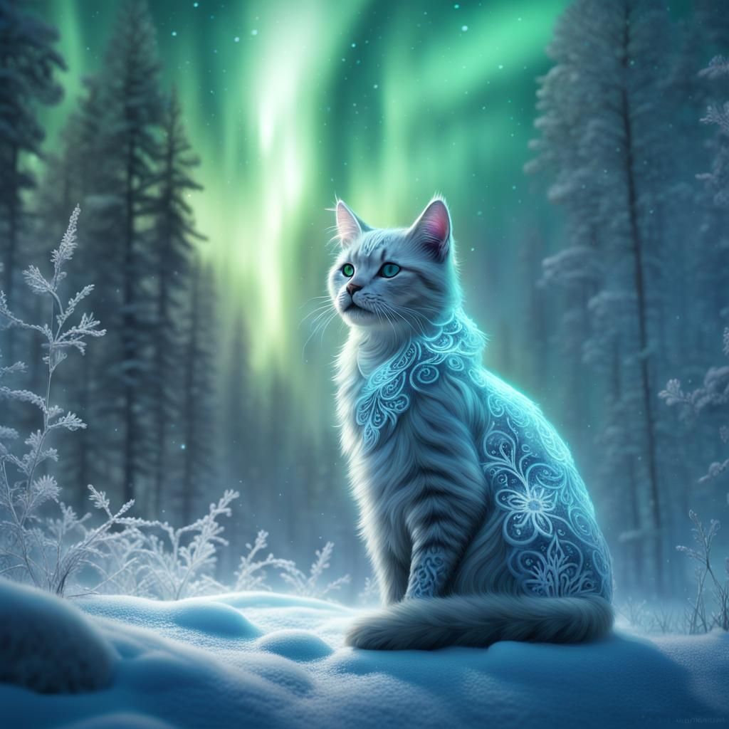Icy Snowflake Cat Under Northern Lights: Detailed Matte Pain...