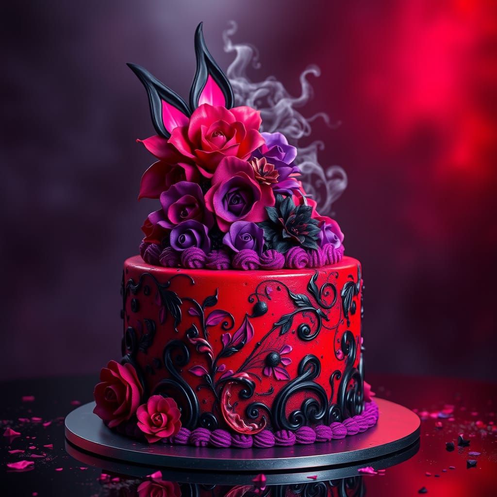 Hyperdetailed Red, Black, and Purple Cake