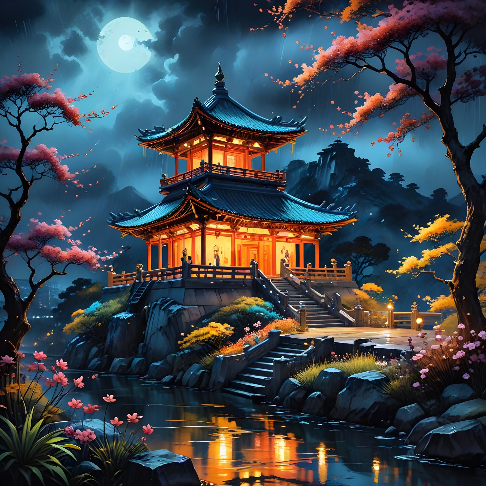 Surreal Post-Impressionist Watercolor of a Chinese Temple Am...
