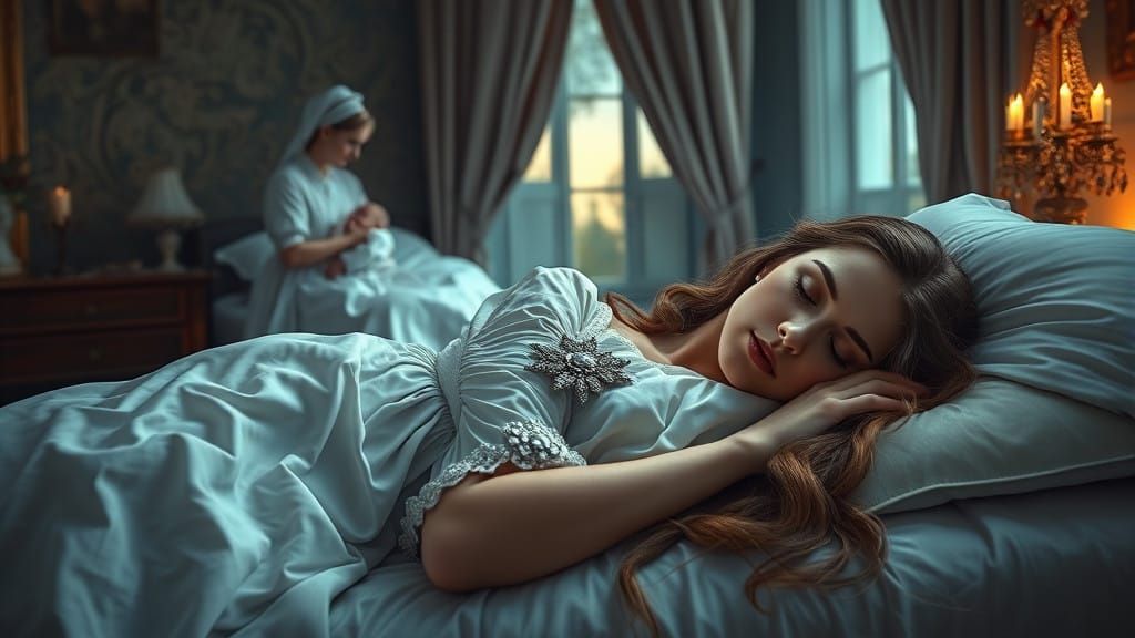 Victorian Era Lady Slumbers with Newborn in a Dreamy, Detail...