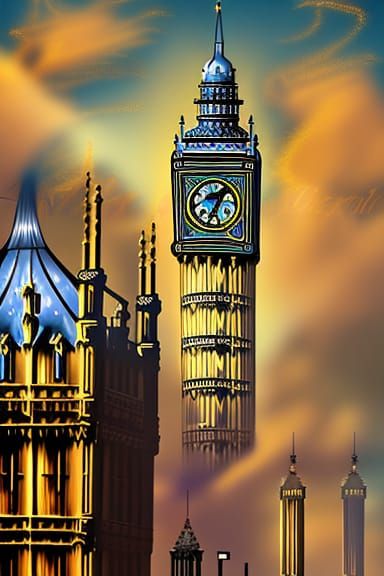 Steampunk Big Ben in London at Golden Hour