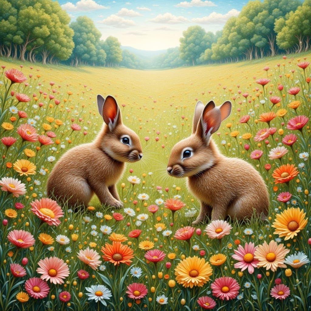 Wild Rabbits Play in Vibrant Mosaic Flower Field