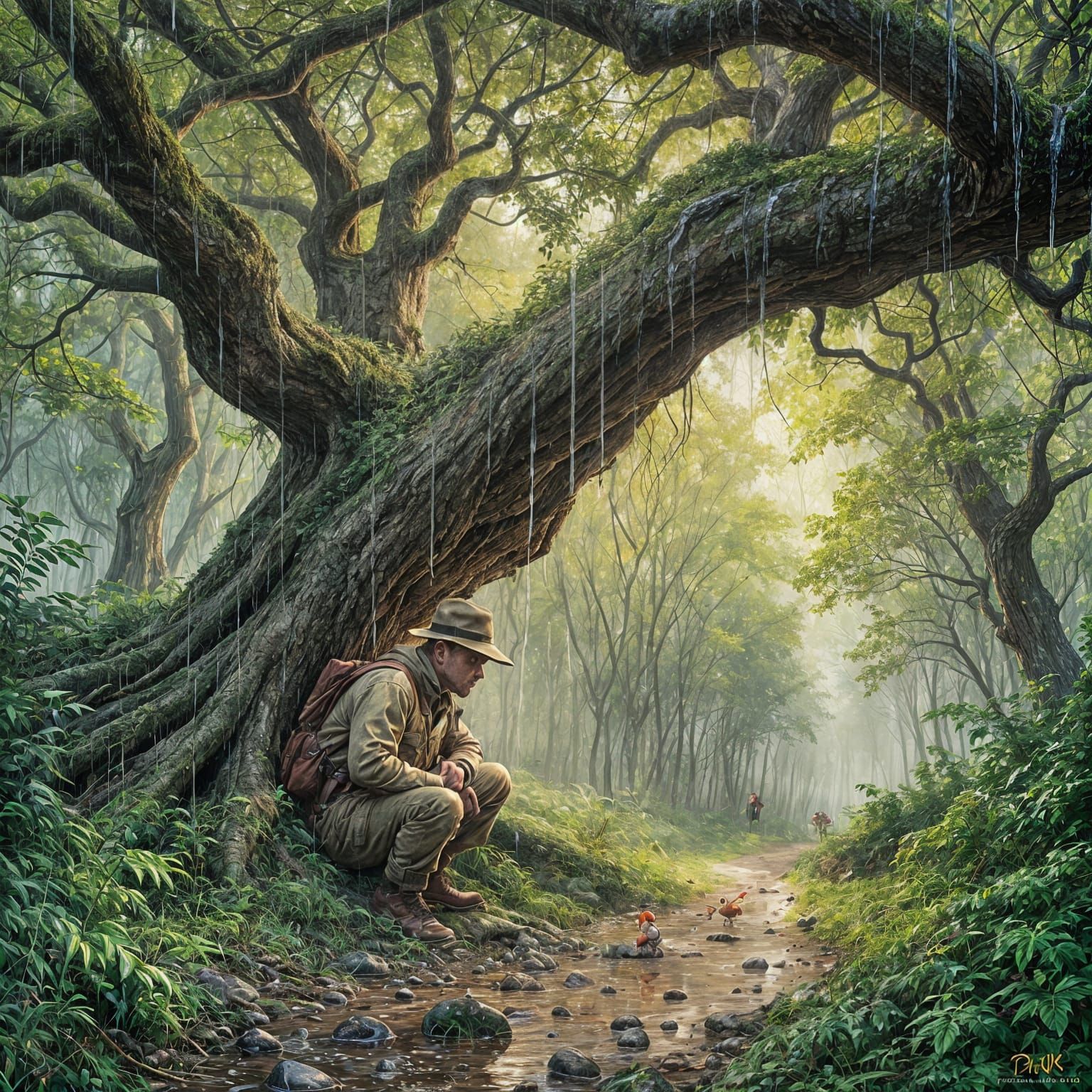 Elmer Fudd in Rainy Forest, Gouache-Style Comic Art