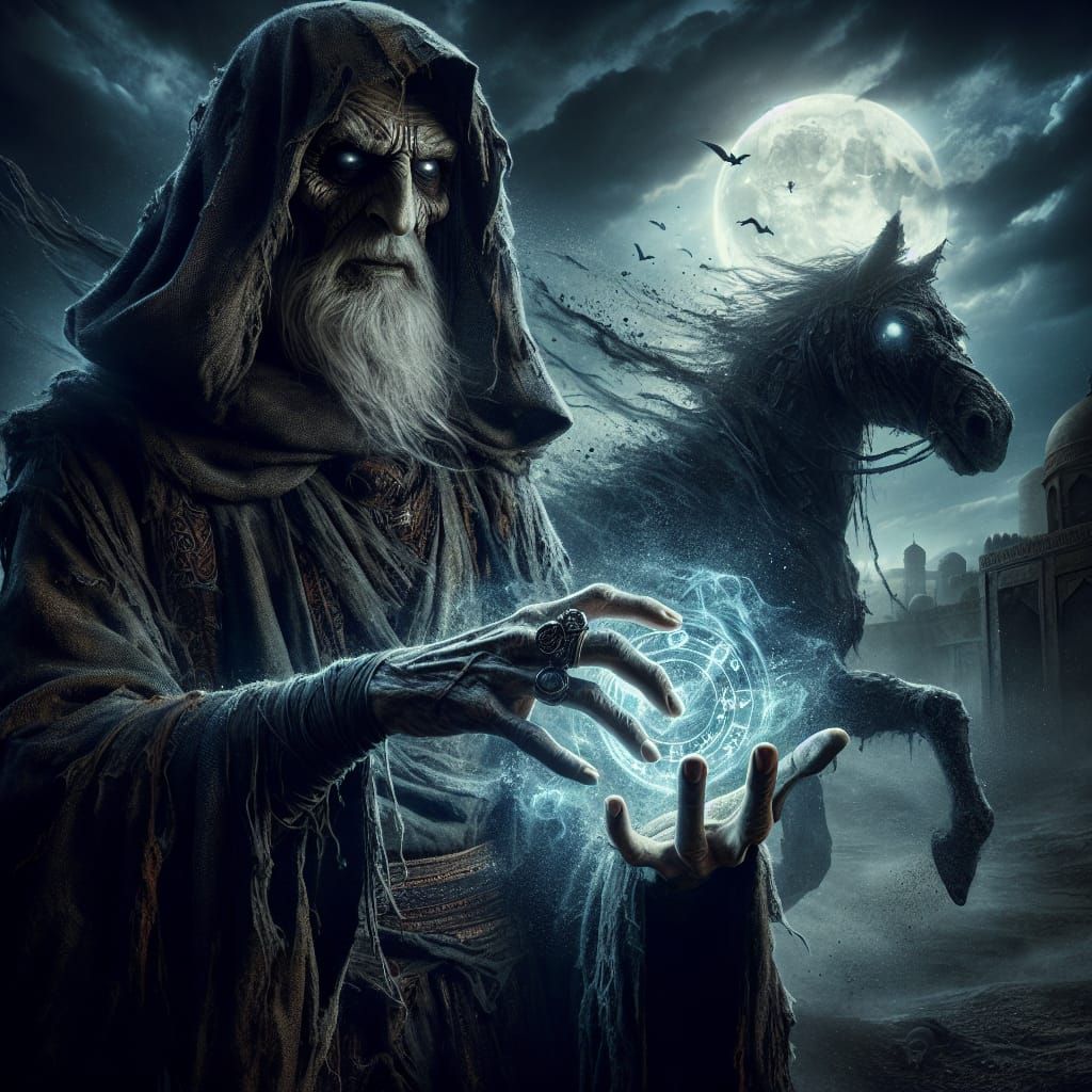 Middle-Eastern Necromancer Conjuring Undead Steed