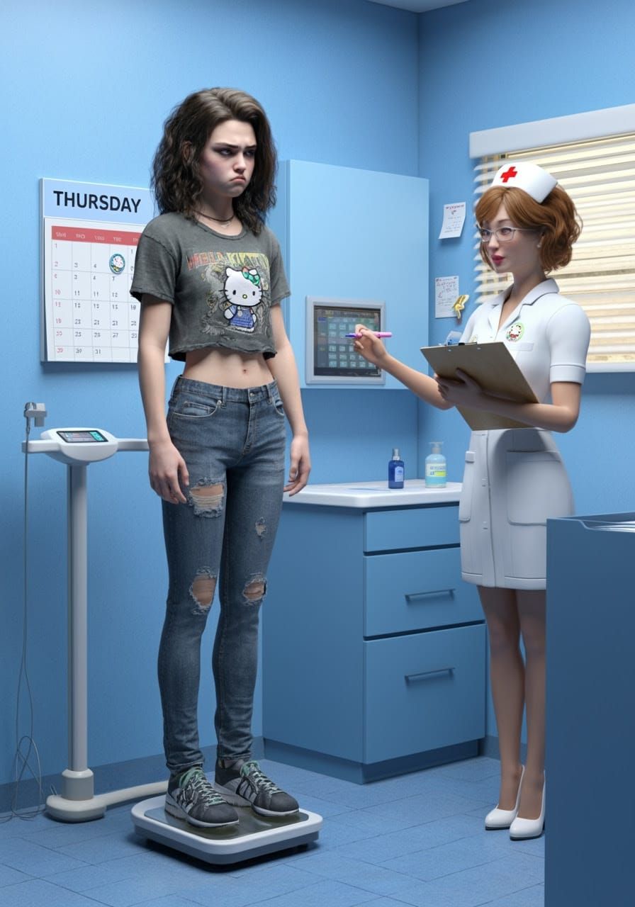 Teenager on the Scale in a Whimsical Doctor's Office