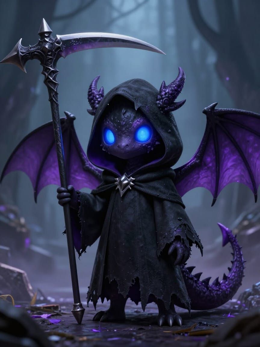 Cute Death Dragon with Glowing Eyes Holding Scythe
