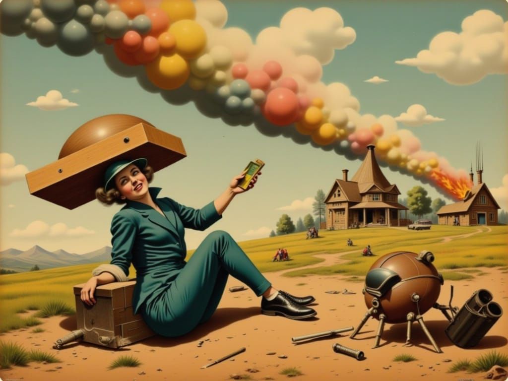 Surreal Man Struggles as Hut Burns: Vintage-Futuristic Oil P...