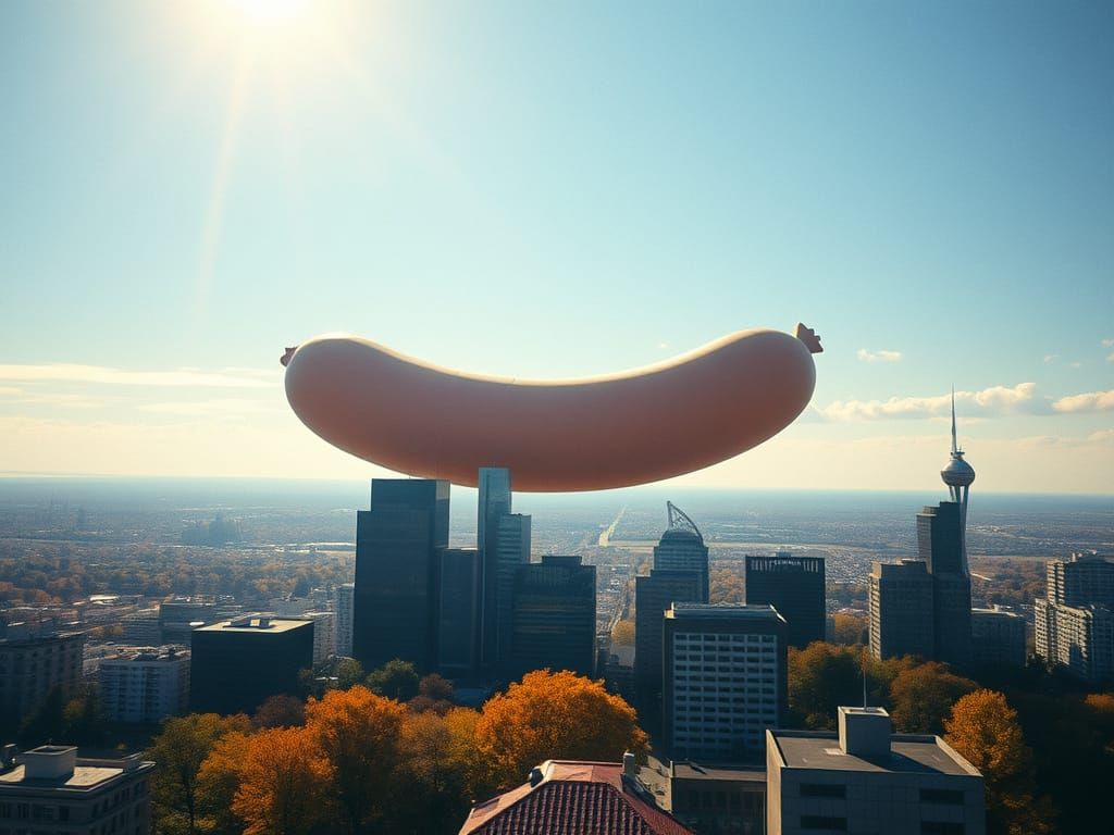Giant Sausage Over City: Cinematic Film Still