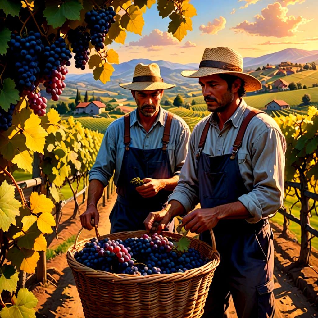 Vineyard Workers Harvest Grapes in Golden Sunset Light