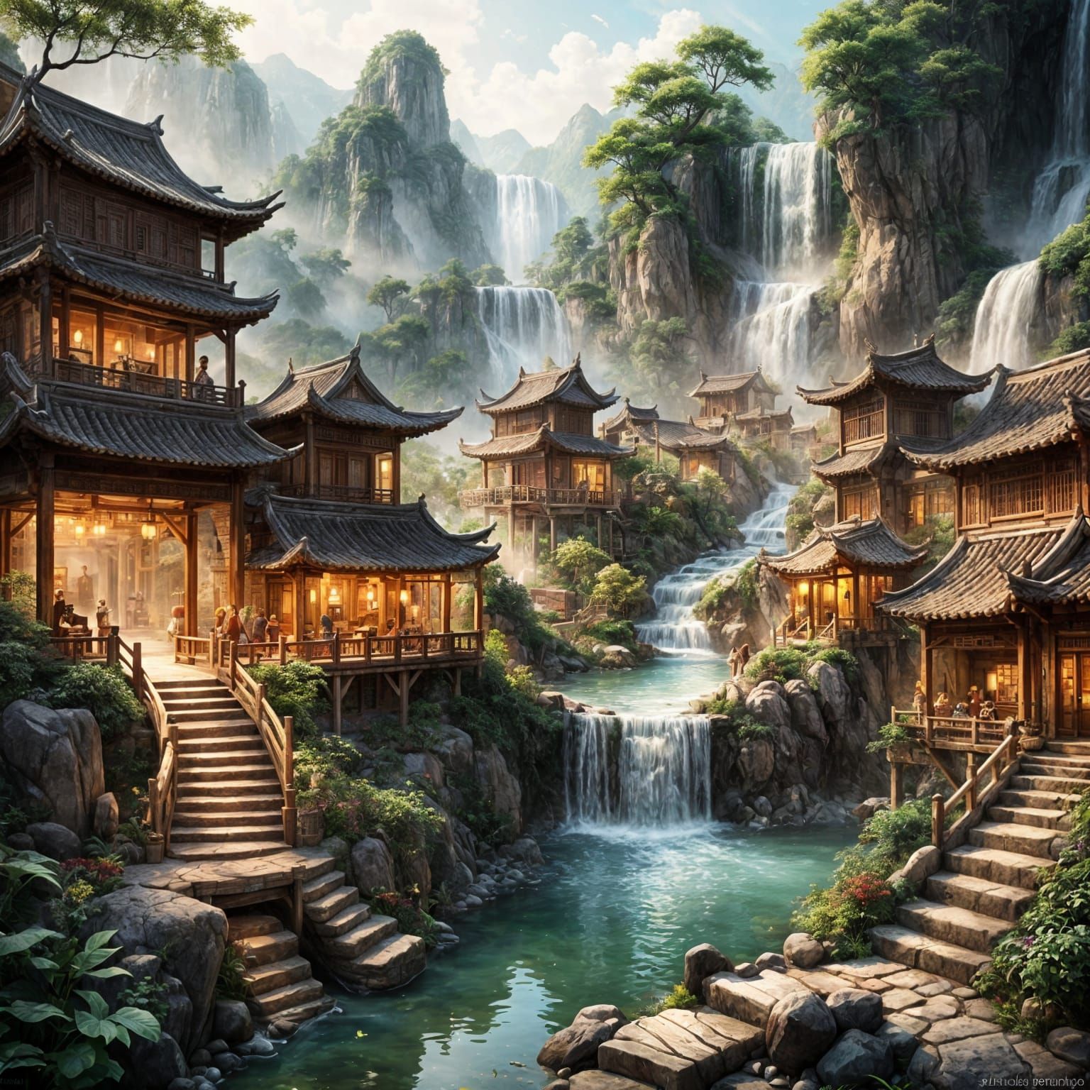 Traditional Chinese Village Scene in a Glass Jar Diorama