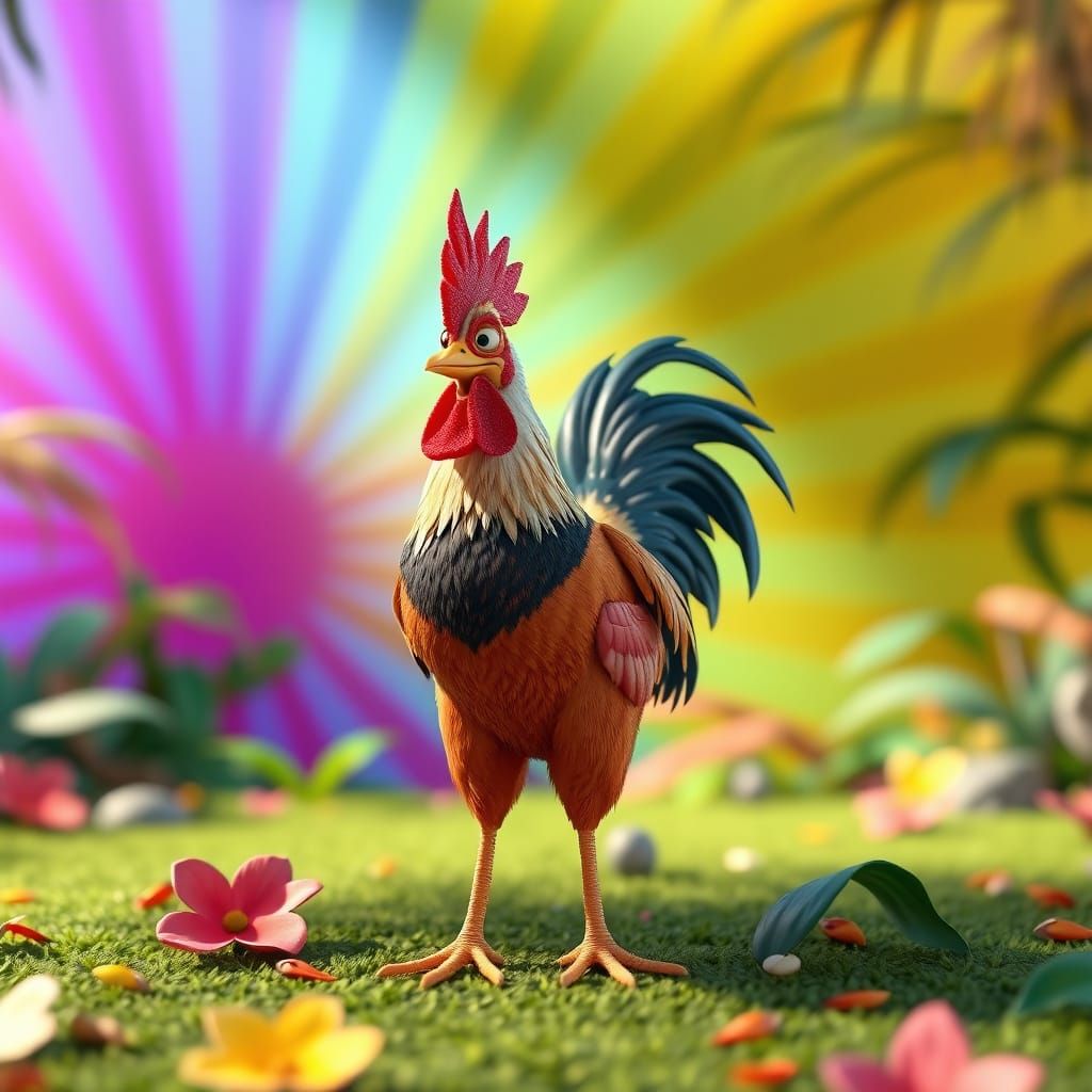 Vibrant Disney-Inspired Rooster in a 3D Digital Art Landscap...