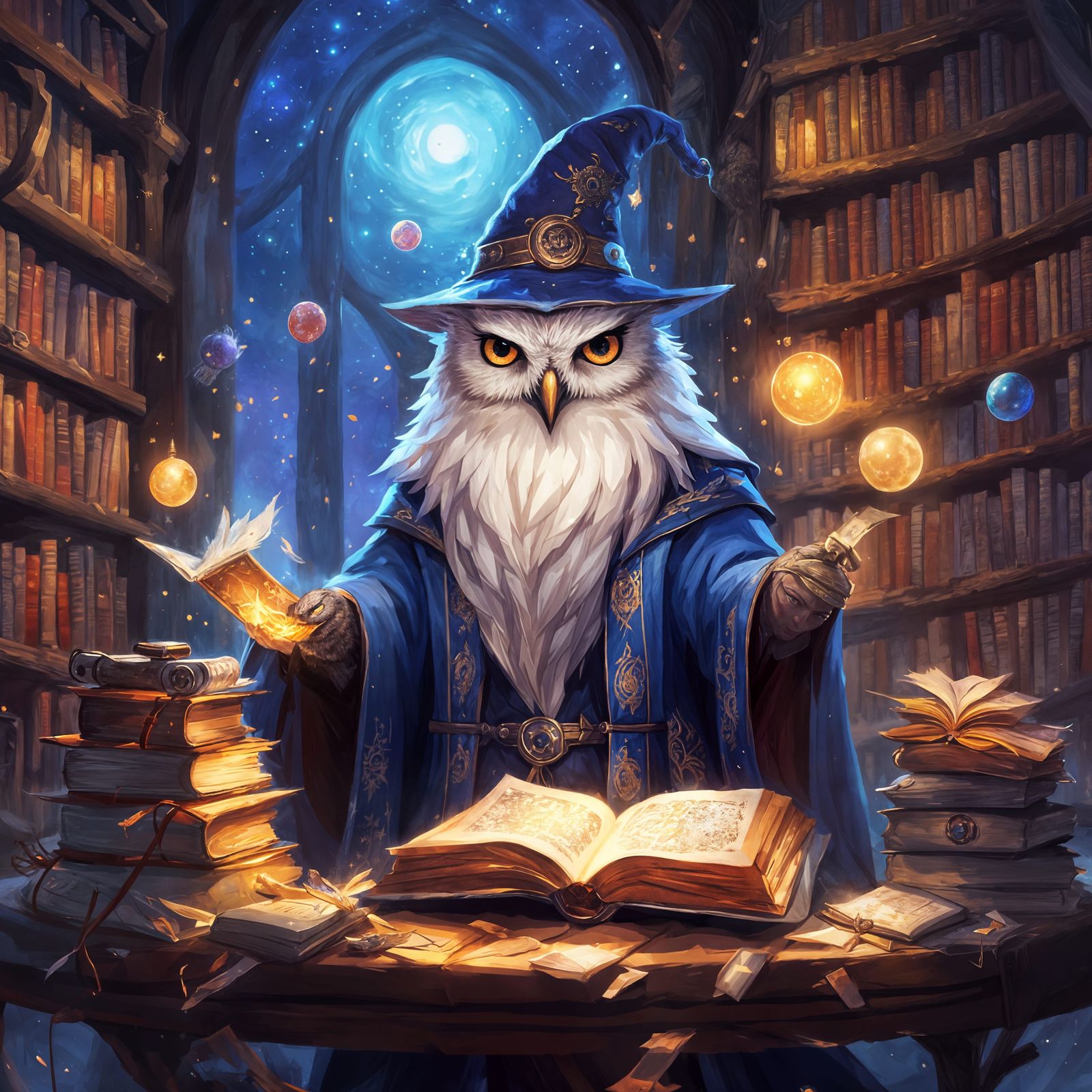 Ethereal Owl Wizard in Whimsical Forest Library