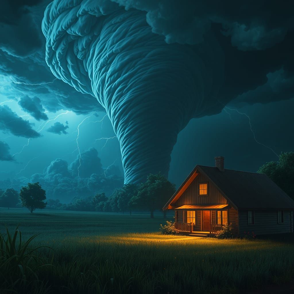 Tornado Approaching Farmhouse at Night in Anime Style
