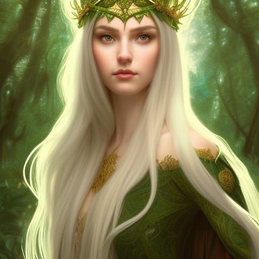 Enchanting Elf Queen Portrait in Forest, Fantasy Art