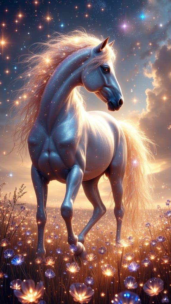 Galactic Horse in Cosmic Flower Field